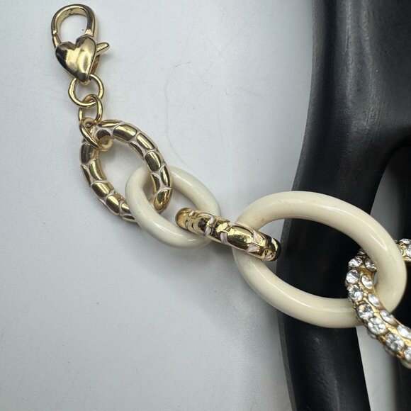 Brighton Gold-tone White Enamel Rhinestone Large Link Chain Bracelet Adjustable - Picture 9 of 9